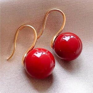 Vintage Faux Pearl Red Stainless Steel 18k Gold Plated Drop Earrings